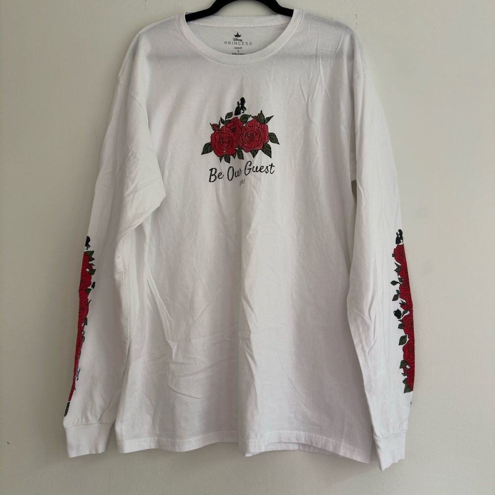 Disney White Long Sleeve Shirt Beauty and the Beast with Red Rose Embroidery‎